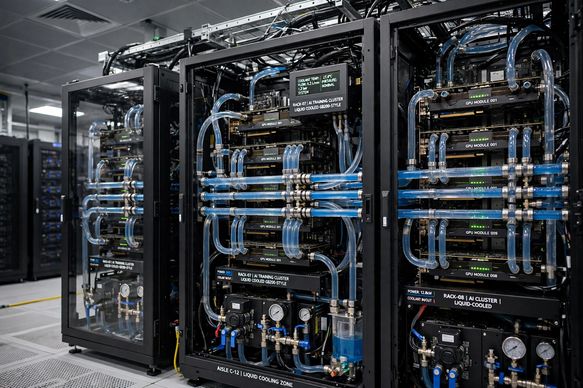 Liquid-cooled GPU racks with visible coolant lines and manifolds