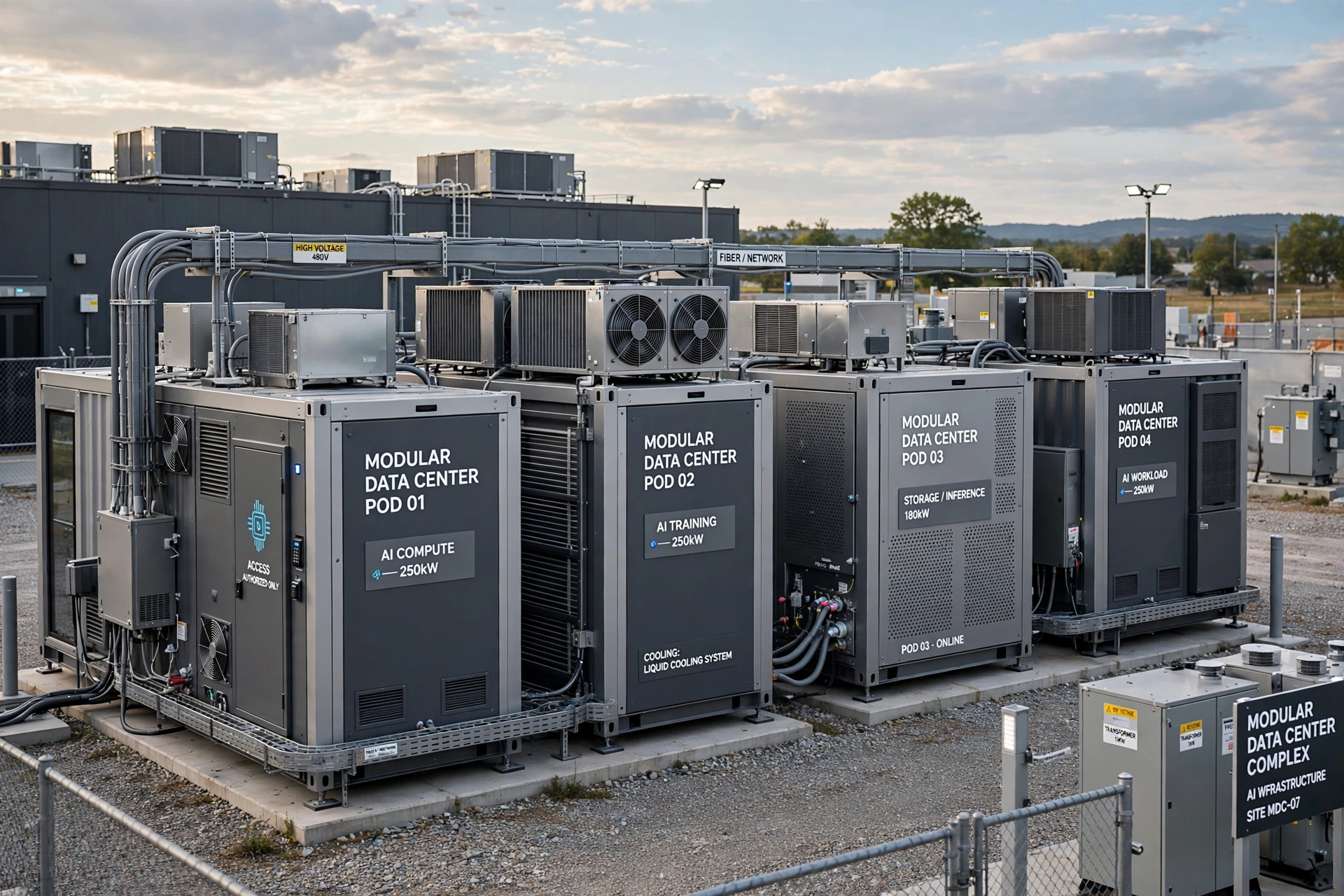 Modular data center pods installed beside a facility